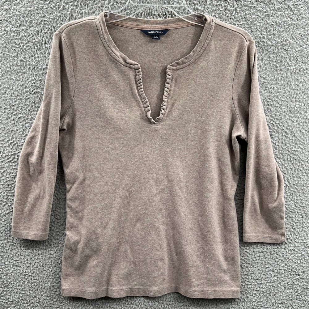 Lands End Taupe Split Neck Knit Top Womens 10 12 Soft Classic Casual Everyday‎